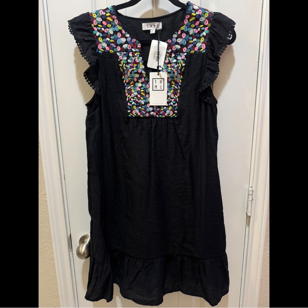 THML Black Dress with Colorful Floral Accents